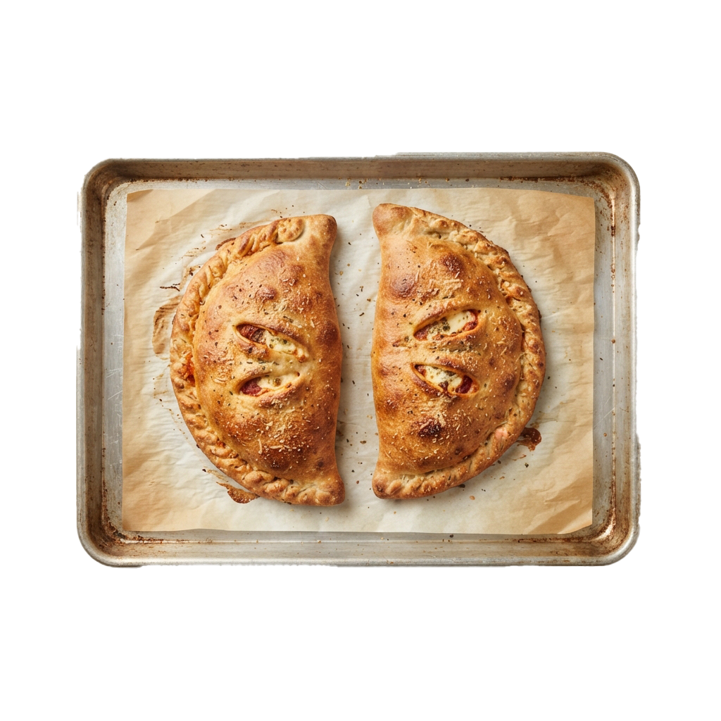 Two golden-brown baked empanadas cut in half showing flaky pastry and filling on a metal tray lined with parchment paper