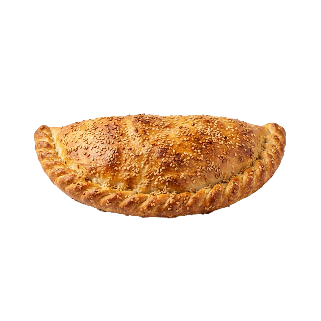 A baked pastry with golden crust and sesame seeds on top, filled with a savory mixture.