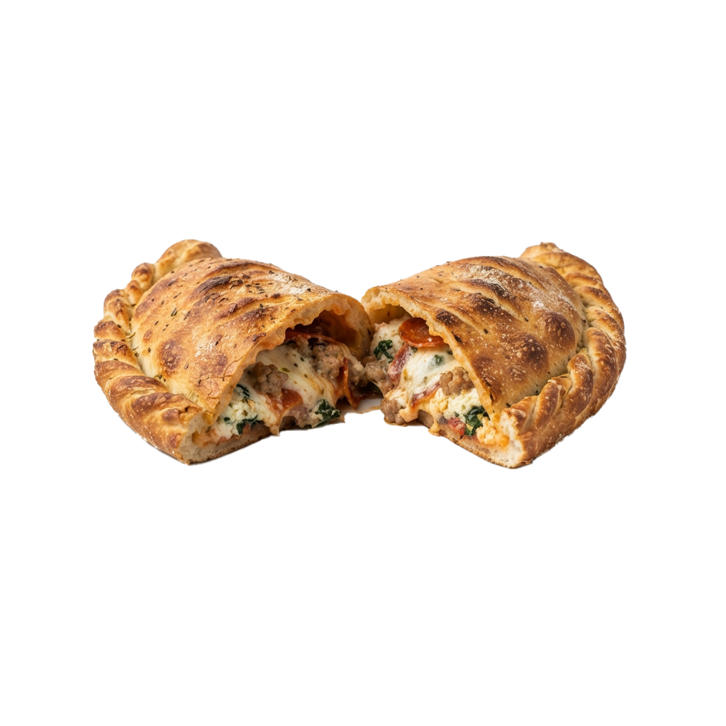 Two halves of a golden fried pastry revealing a creamy filling with visible chunks of vegetables and cheese
