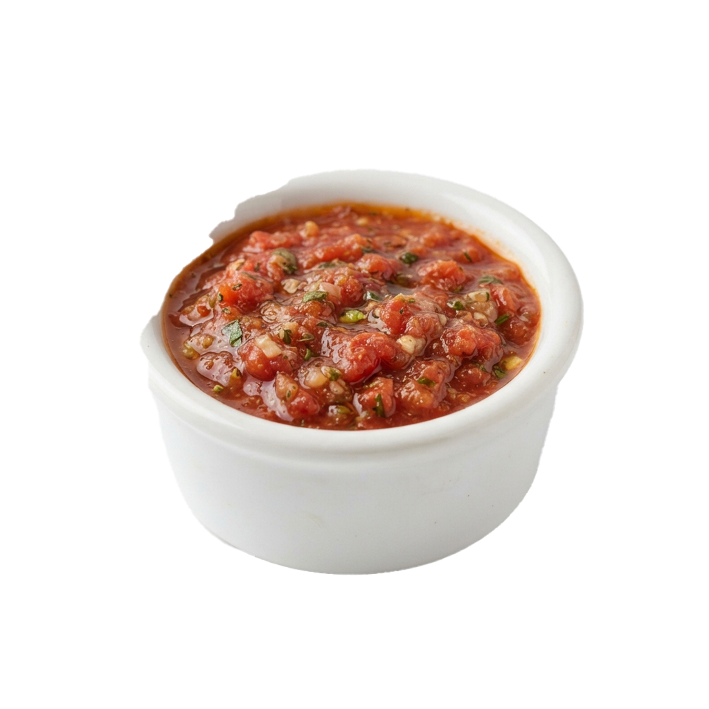 A white bowl filled with chunky tomato sauce containing herbs and diced tomatoes