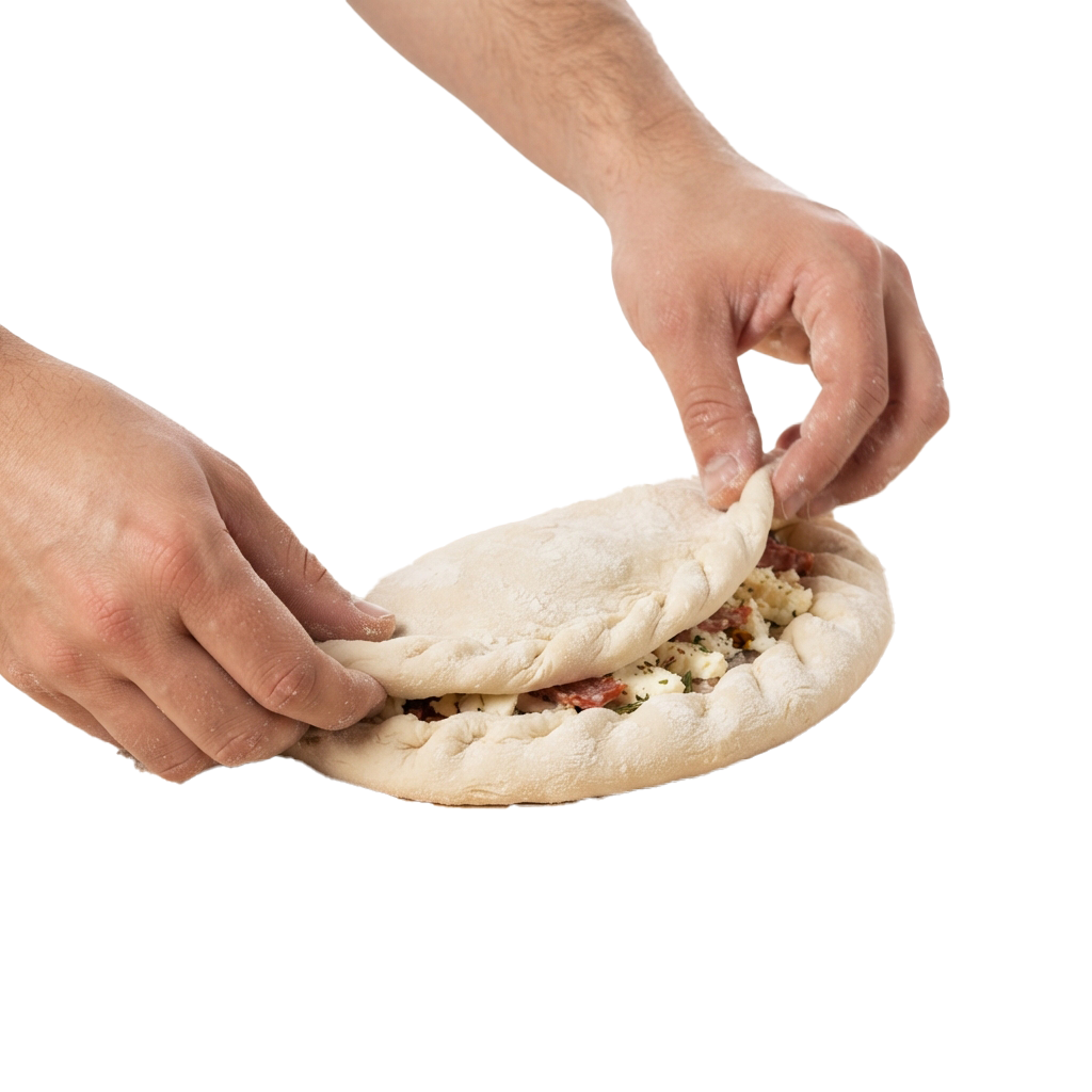 Two hands pinching dough edges to seal a stuffed pastry pocket filled with visible ingredients.