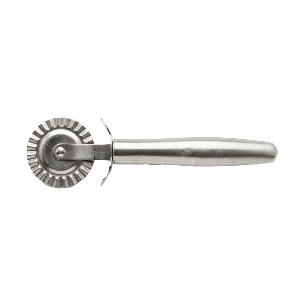A stainless steel cheese grater with a serrated edge and a long handle for easy gripping.