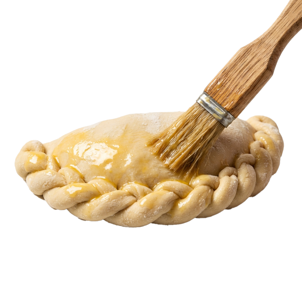 A braided pastry with cheese filling being brushed with egg wash using a wooden pastry brush