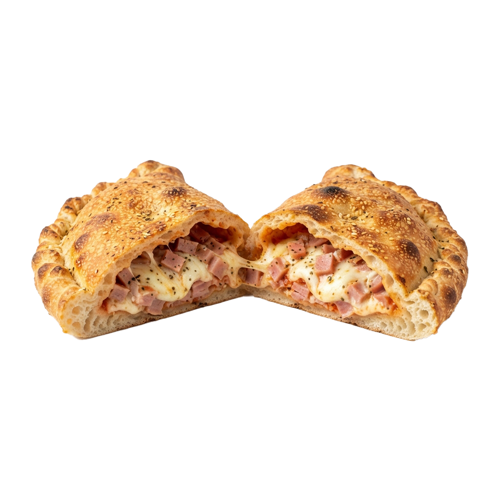 Two halves of a baked ham and cheese calzone on a black background