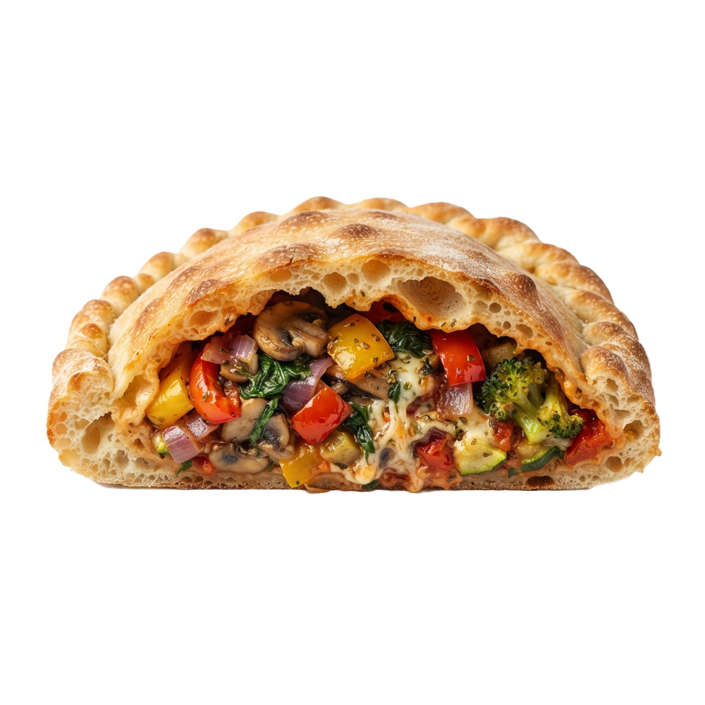 Half of a flatbread pizza stuffed with colorful vegetables like bell peppers, broccoli, and onions