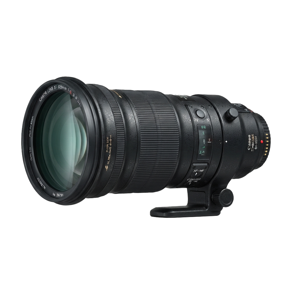 Black telephoto camera lens with a large front element and multiple control dials