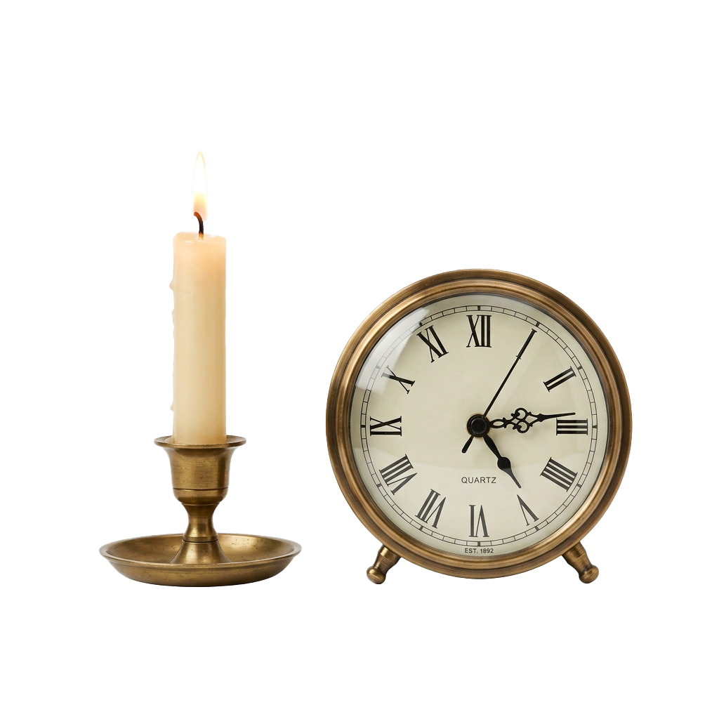 A lit candle in a brass holder next to a round brass alarm clock with Roman numerals and quartz movement
