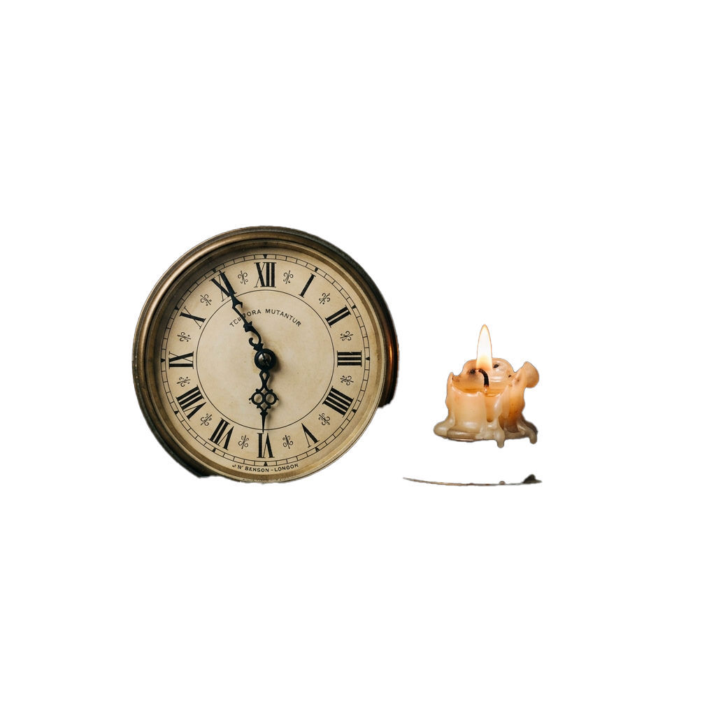A round analog clock beside a lit candle on a dark background