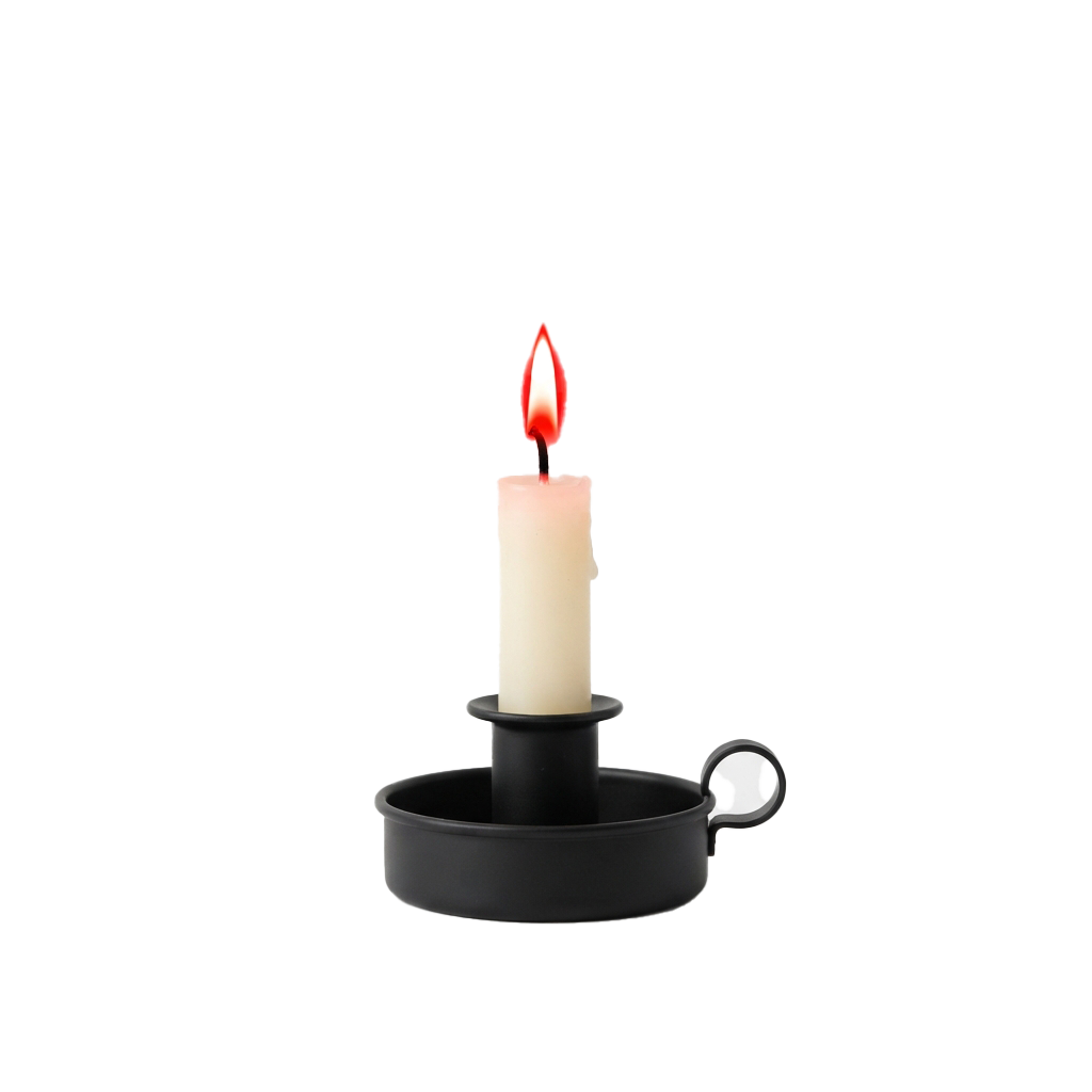 A black candle holder with a lit white candle and red flame