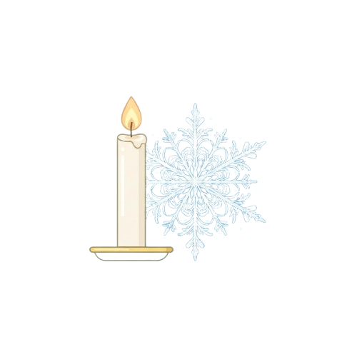 A lit candle beside a stylized snowflake on a dark background