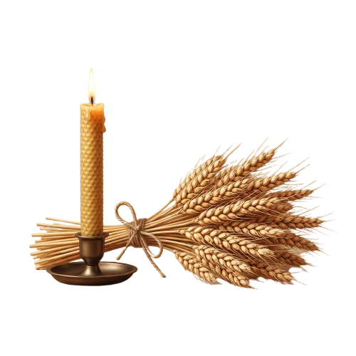 A lit candle placed next to a bundle of wheat stalks tied with twine