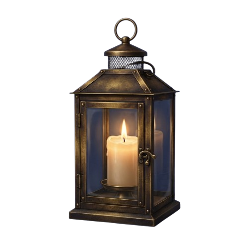 A decorative metal lantern with clear glass panels and a lit candle inside.