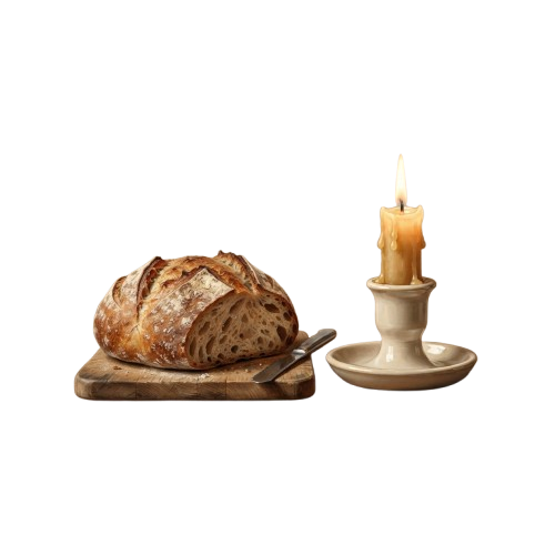 A loaf of rustic bread on a wooden board with a knife beside a lit candle on a small dish