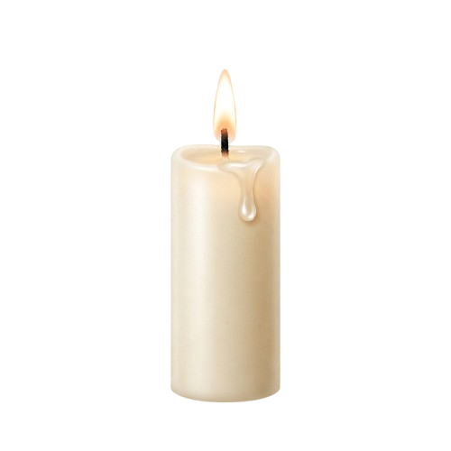 A single cream-colored candle with a lit wick against a black background