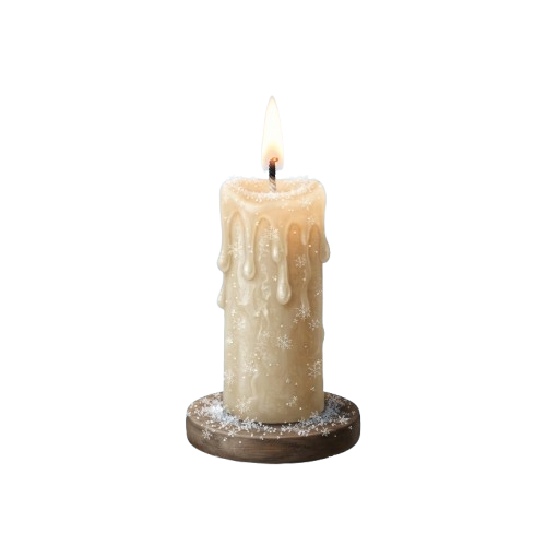 A lit cream-colored candle with dripping wax and a wooden base on a dark background