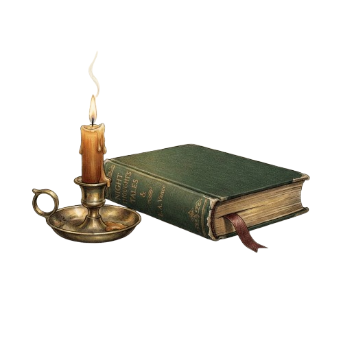A lit candle in a brass holder next to an old green book with a red ribbon bookmark