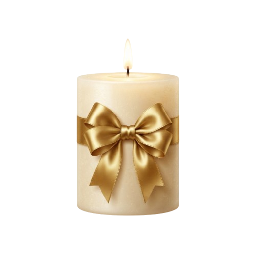 A cream-colored candle with a large gold satin bow tied around the middle and a wick on top.