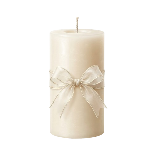 A tall, light beige candle wrapped with a light-colored silk ribbon bow tied around the middle.