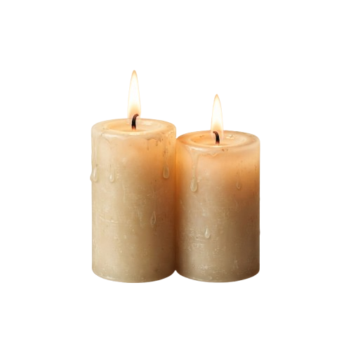 Two lit light-colored candles with a textured surface, placed side by side against a black background