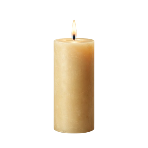 A lit ivory-colored candle with a small flame burning at the top.