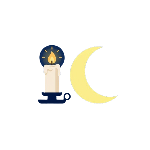 Illustration of a lit candle with a glowing flame next to a crescent moon on a dark background