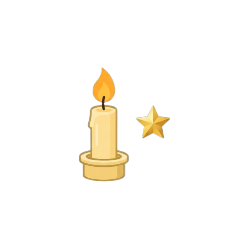 A lit candle with a flame and a small star shape nearby on a dark background