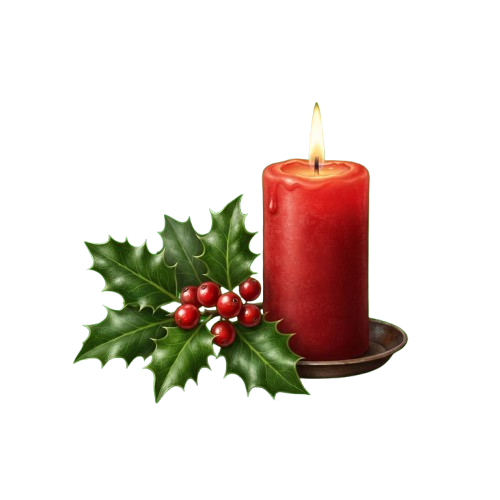 A lit red candle placed next to a holly leaf with red berries on a dark background