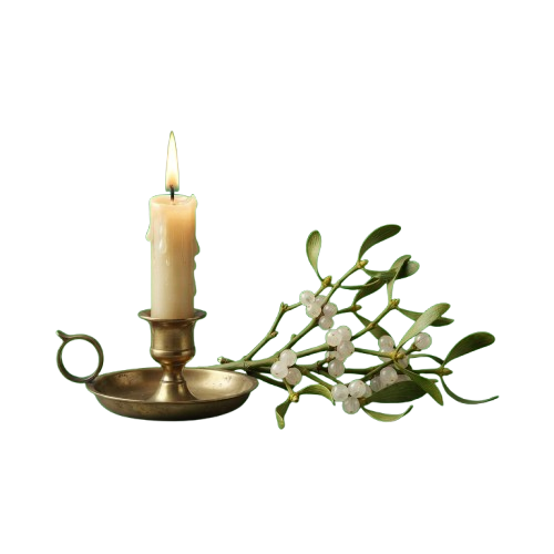 A lit candle in a gold holder next to a sprig of mistletoe with green leaves and white berries