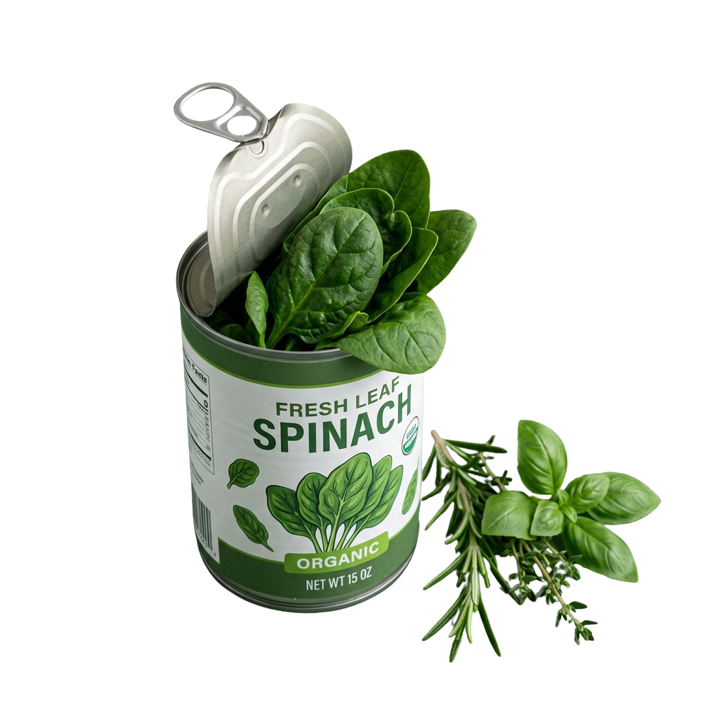 Open can of fresh leaf spinach with a sprig of basil beside it on a black background