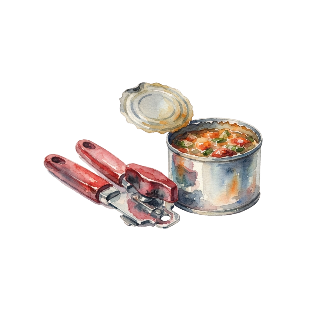 Open can of mixed vegetables next to a red can opener on a black background