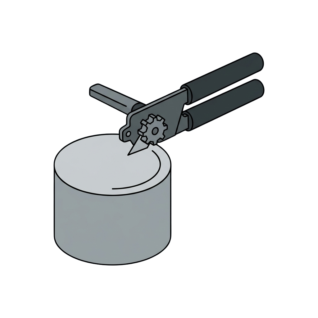 A handheld tool with a gear mechanism cutting the edge of a cylindrical material.