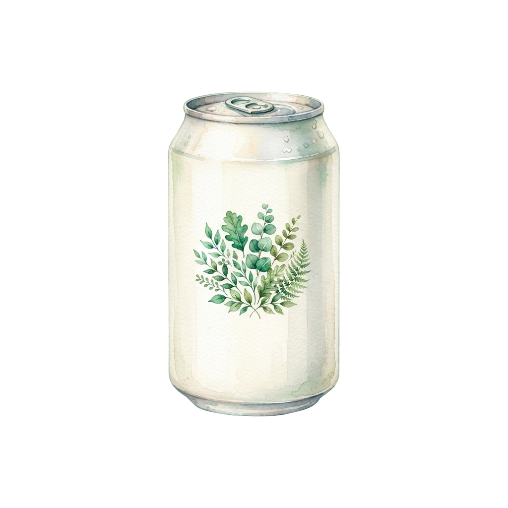 A can with a watercolor-style botanical leaf design in green and white tones