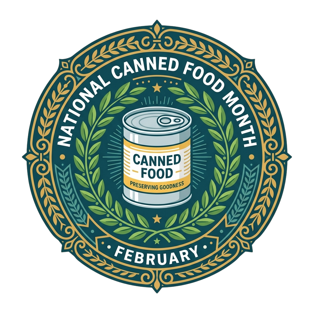 Illustration of National Canned Food Month logo featuring a can of food with laurel wreath and text February