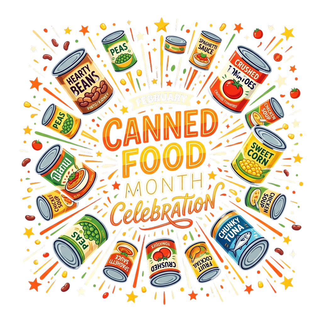 Colorful illustration of various canned food items arranged in a festive celebration layout for Canned Food Month in February