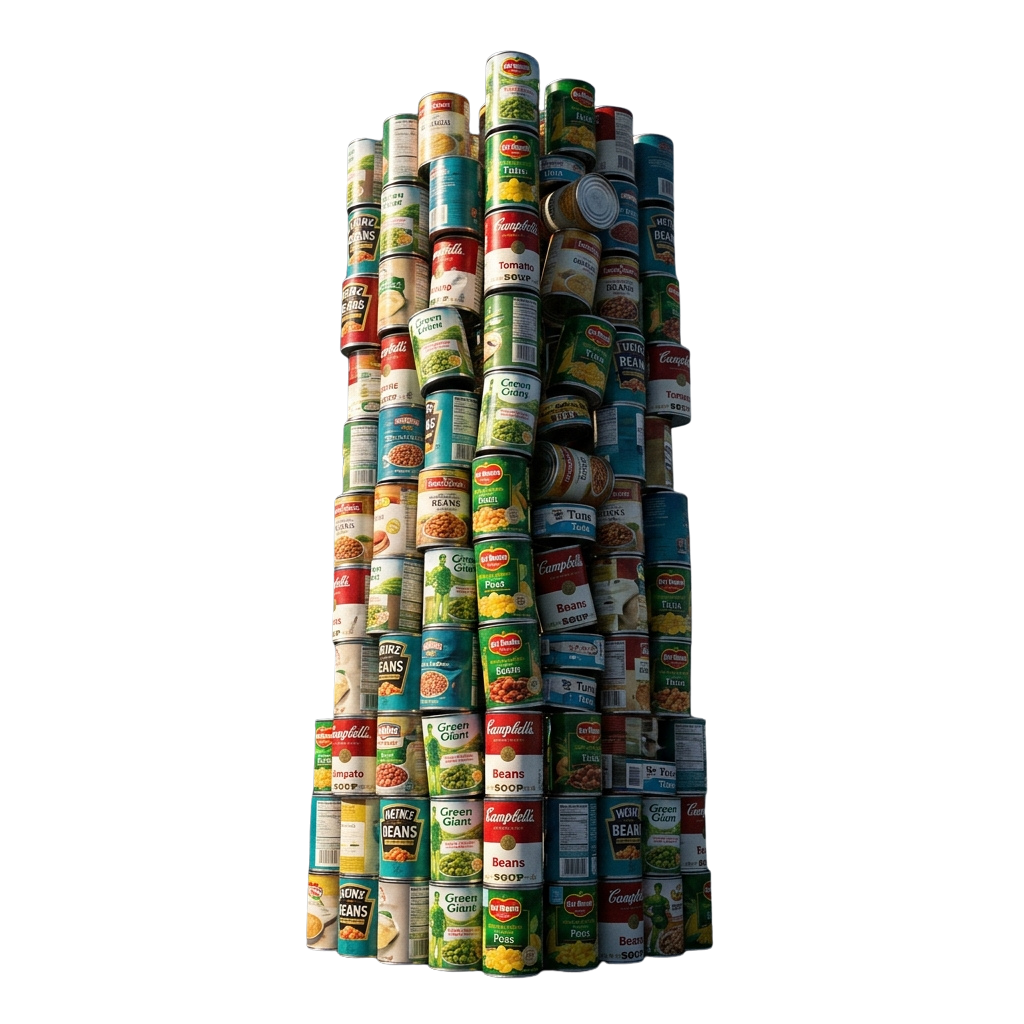 A tall stack of various canned vegetables and soups arranged in a pyramid shape