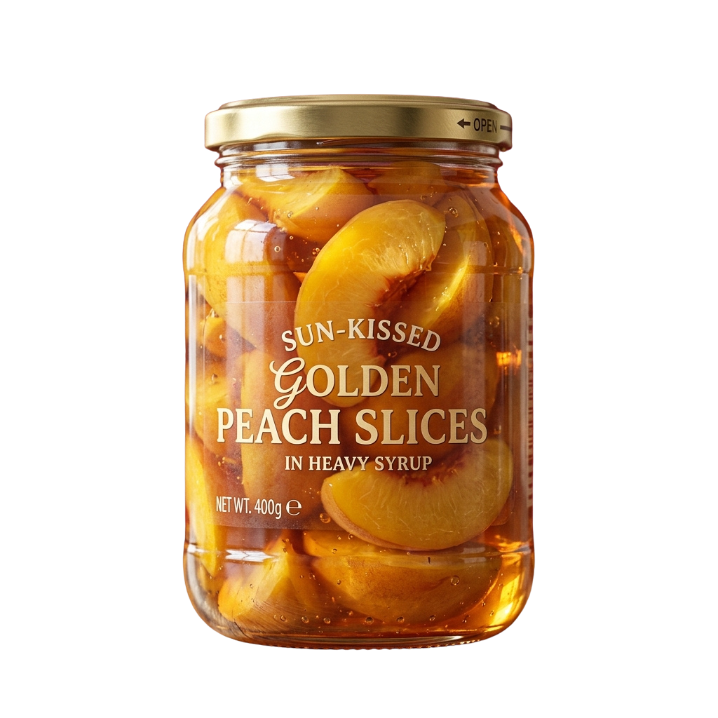 Glass jar of sun-kissed golden peach slices in heavy syrup with a gold lid