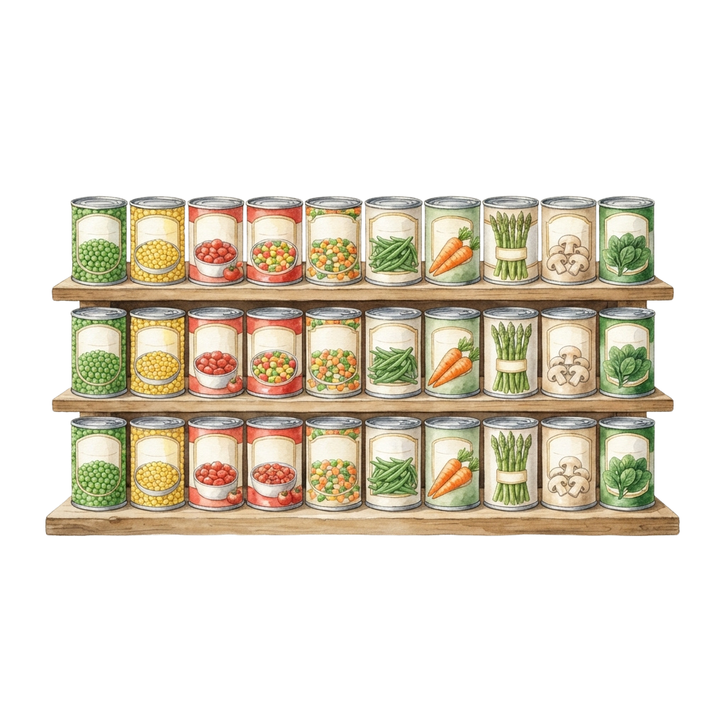 Three shelves displaying various canned vegetables and legumes including peas, corn, tomatoes, carrots, green beans, mushrooms, and mixed vegetables