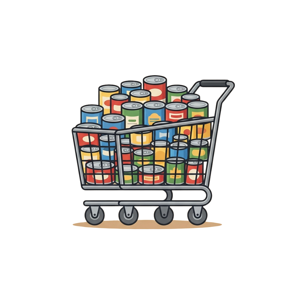 Illustration of a shopping cart filled with various colorful cans of food on wheels