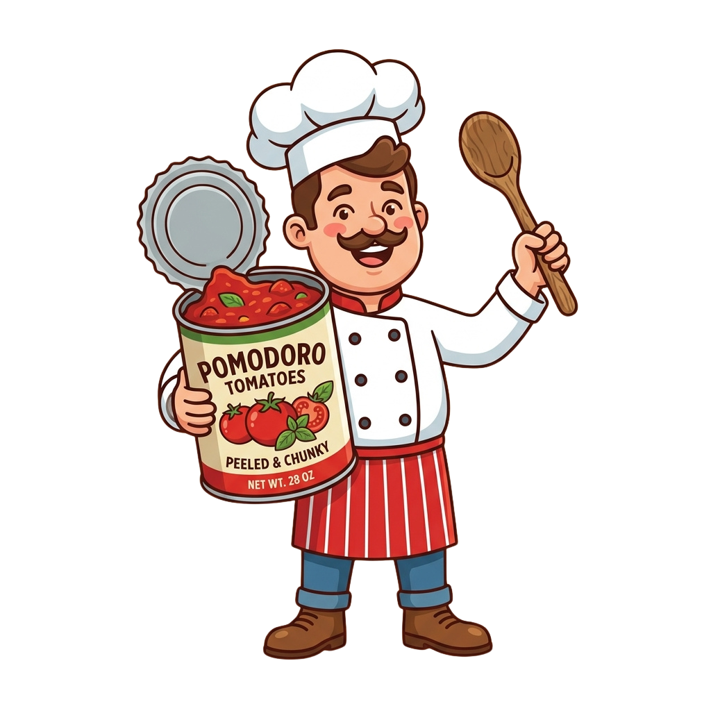 Chef in uniform holding a can of diced tomatoes and a wooden spoon, smiling cheerfully.