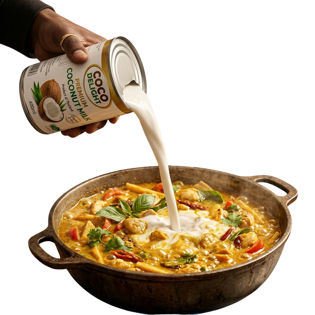 Hand pouring coconut milk into a pot of curry with vegetables and herbs