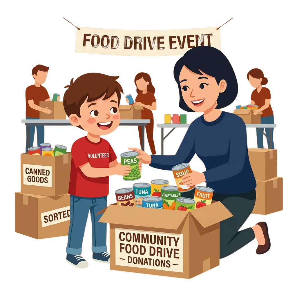 Volunteers at a food drive event sorting canned goods like peas, beans, soup, and vegetables into donation boxes.