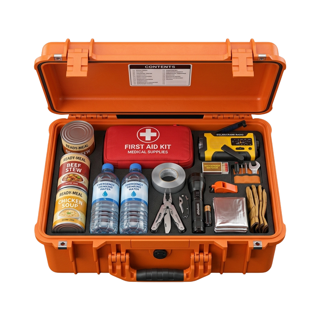 Open orange emergency kit showing first aid supplies, food, water, tools, and radio