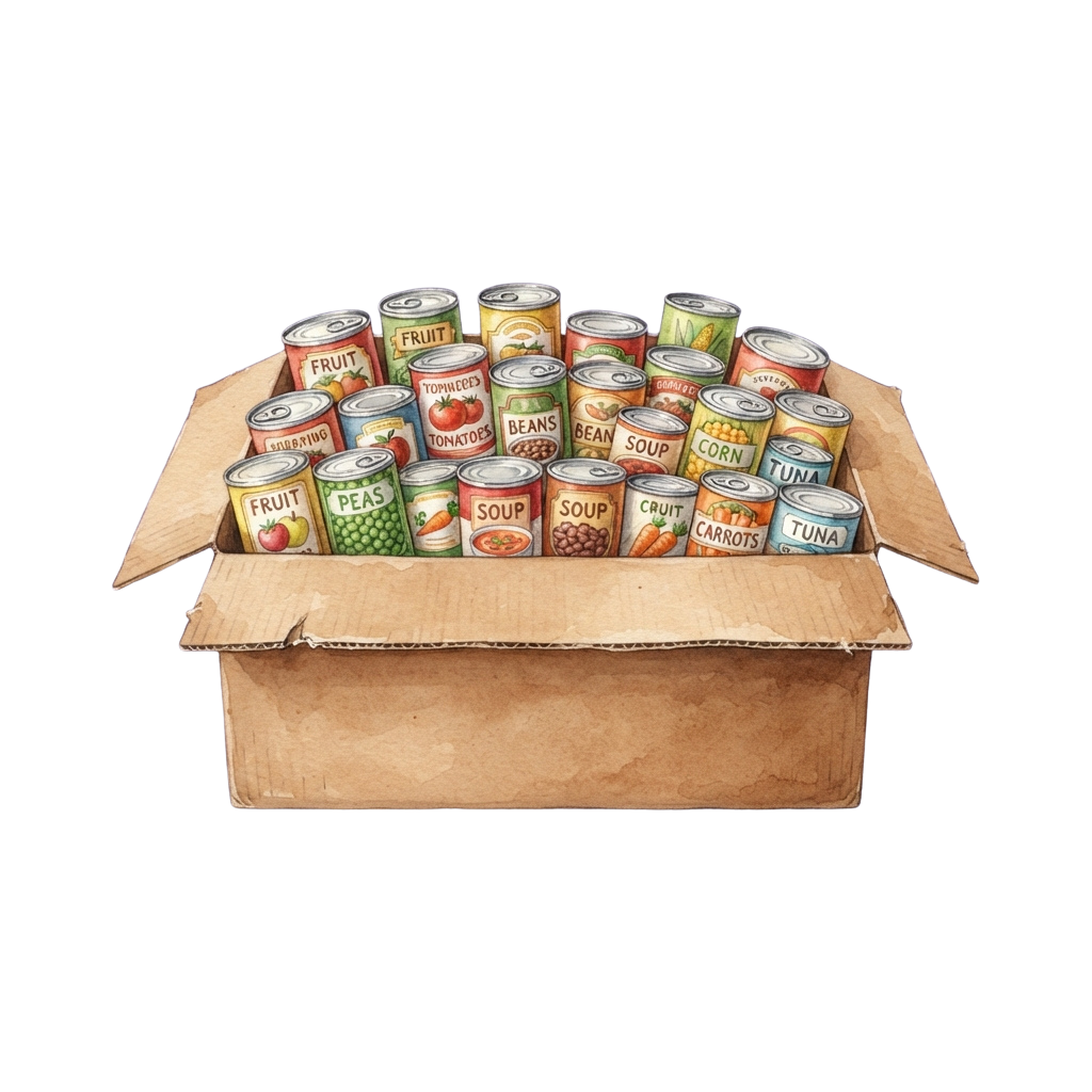 Open cardboard box filled with various cans of fruits, vegetables, soups, and beans