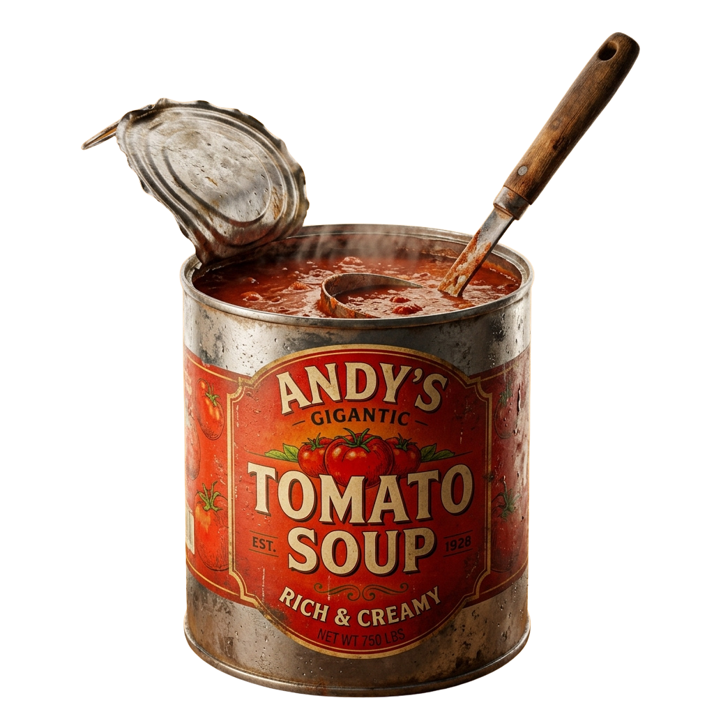 Open vintage-style can of tomato soup with a spoon inside