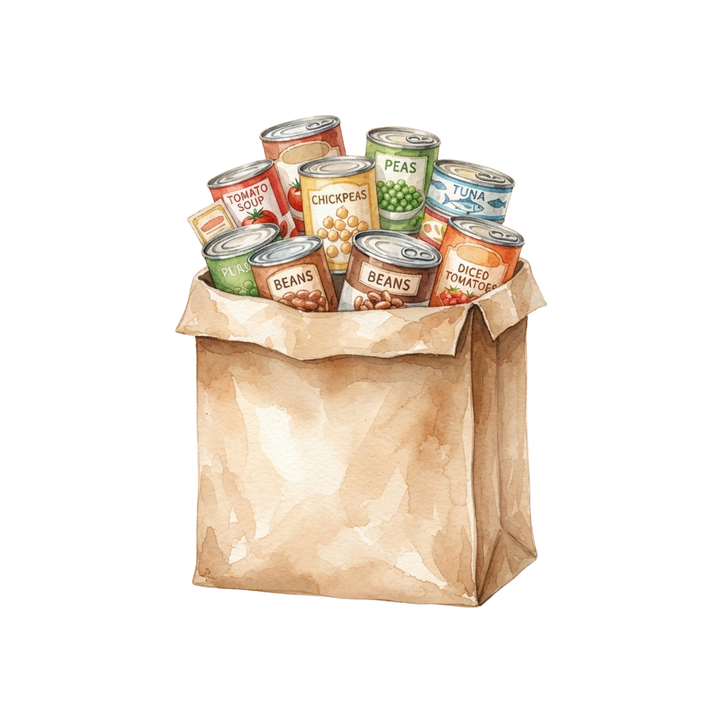 A brown paper bag filled with various canned vegetables and legumes like peas, beans, chickpeas, tomato soup, tuna, and diced tomatoes