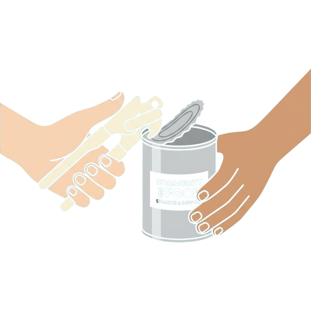 Two hands opening a can labeled Community Food Sharing Support