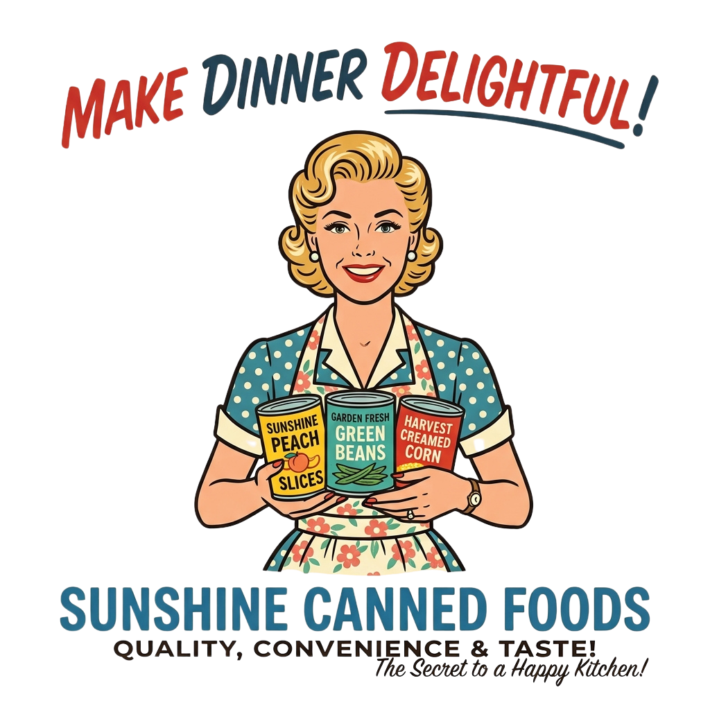 Vintage illustration of smiling woman holding three cans of canned food labeled peach slices, green beans, and creamed corn