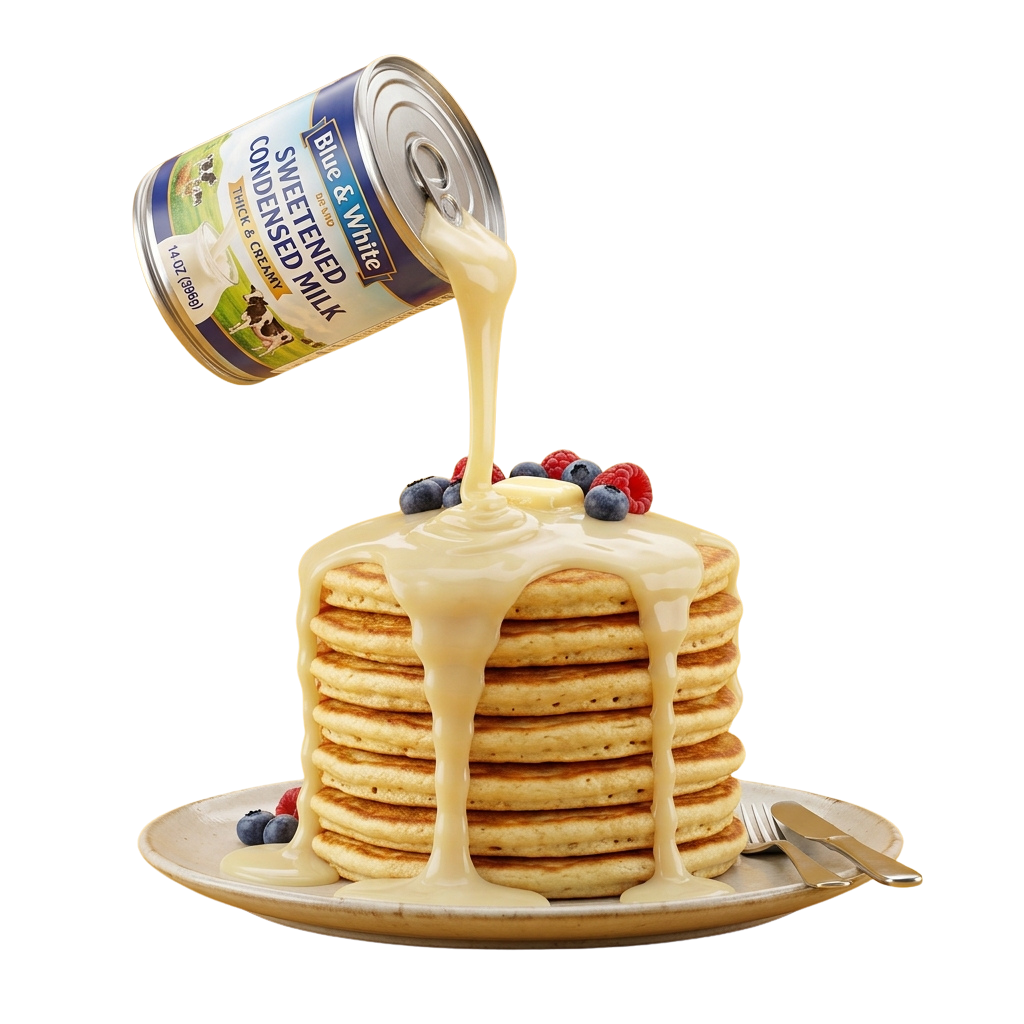 A tall stack of golden pancakes drizzled with sweetened condensed milk and topped with blueberries and raspberries on a plate.