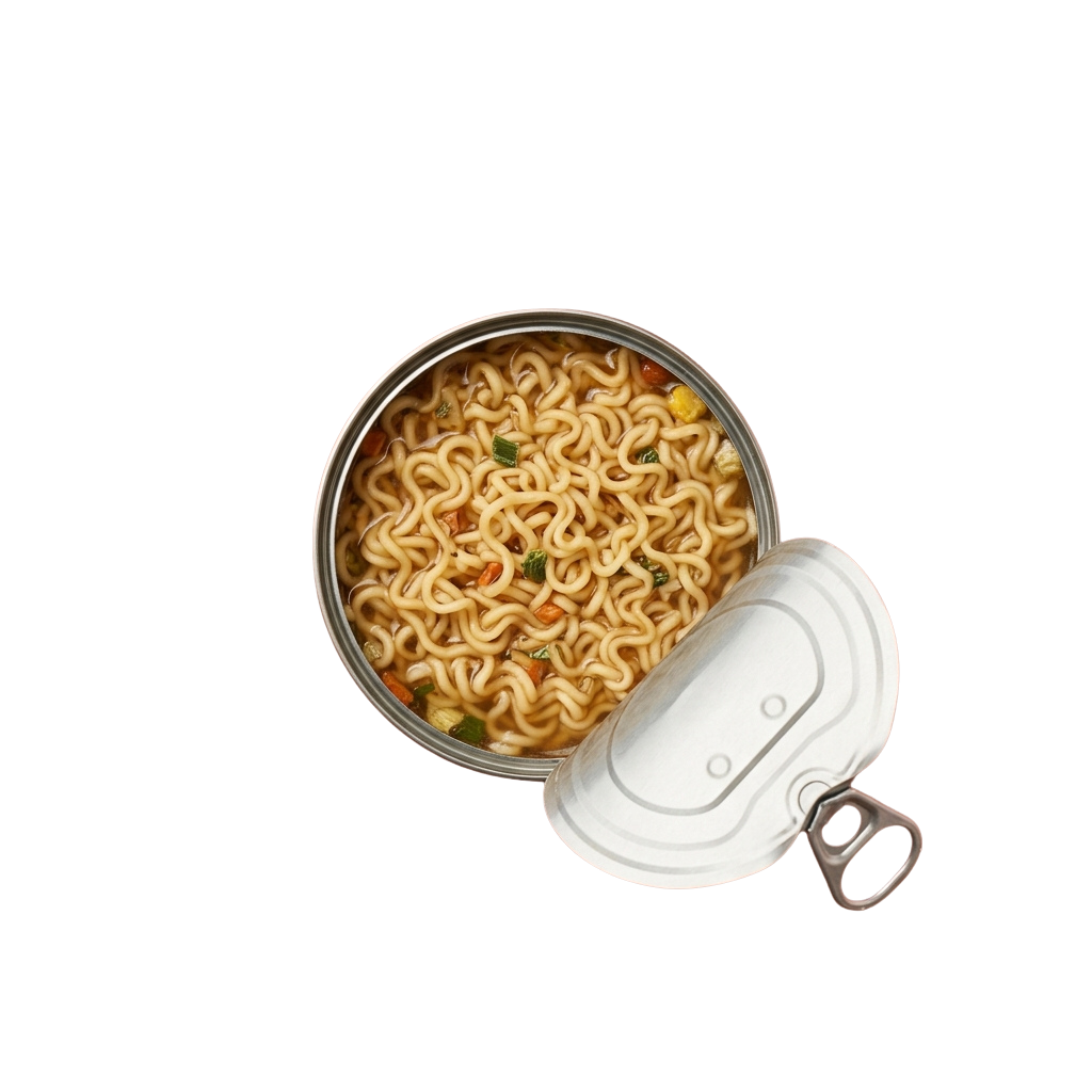 Open metal can filled with uncooked instant ramen noodles and seasoning packets
