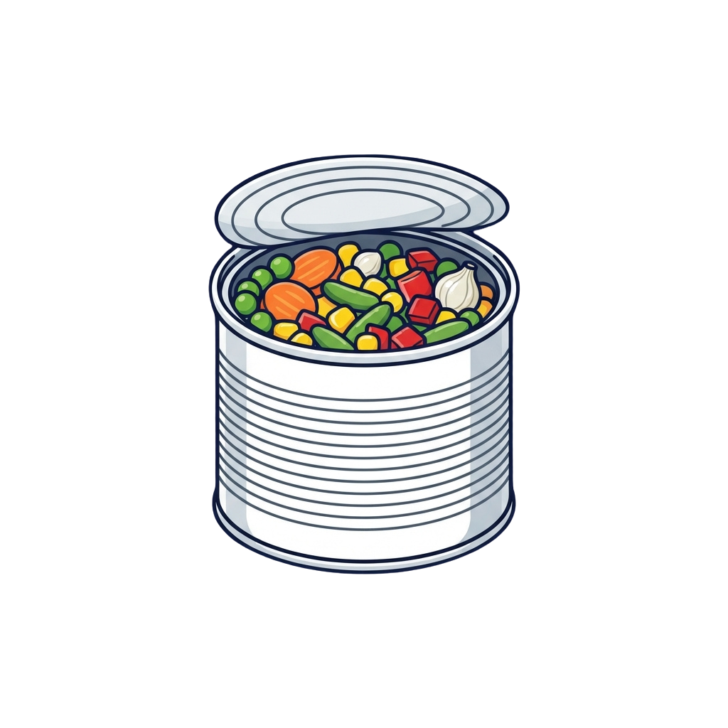 Illustration of an open can filled with colorful mixed vegetables including carrots, peas, and corn